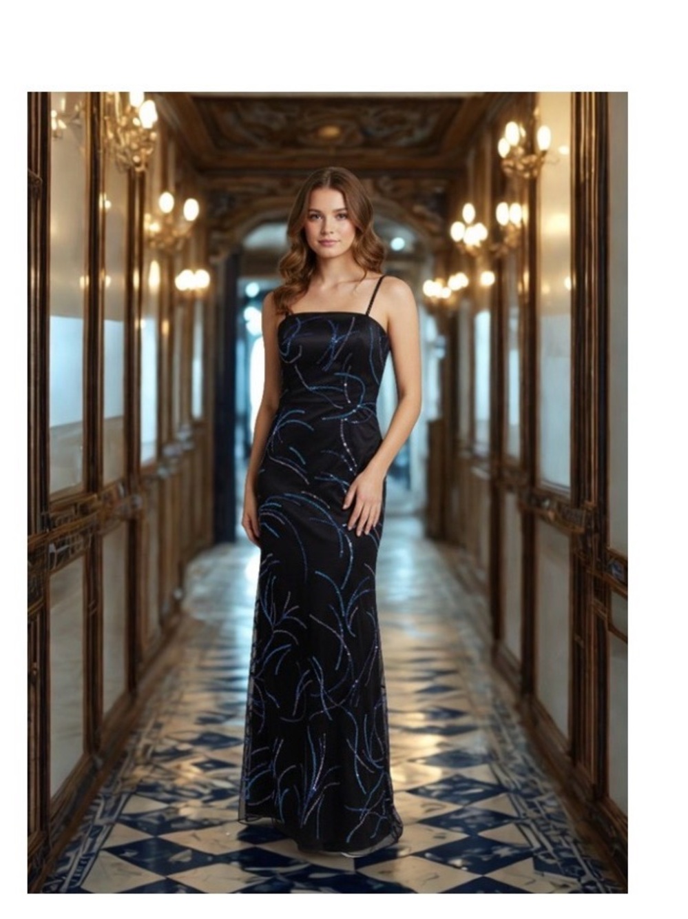Panoply Black Maxi Gown with Blue Sequin Swirl Accents